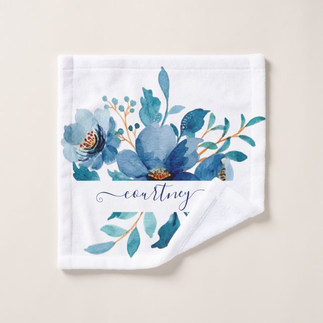 Aquarelle bleu clair florale personnalisée (Gant de toilette)