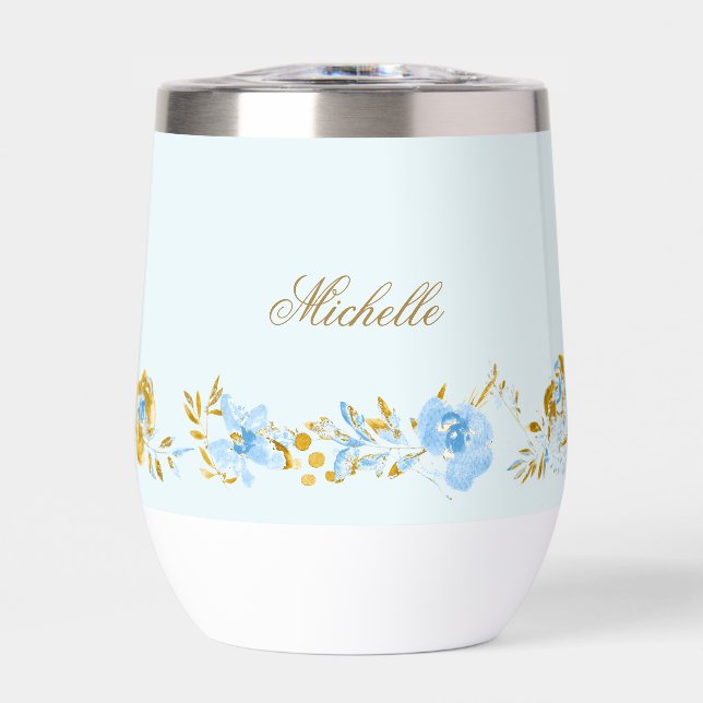 Aquarelle bleu clair personnalisée Or floral (Avant)