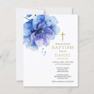 Aquarelle bleu Dusty Floral Baptism Invitation