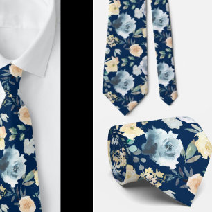 Aquarelle bleu Dusty Marine Floral Rose Cravate