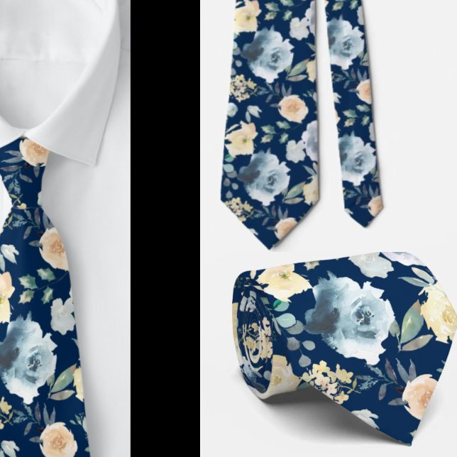 Aquarelle bleu Dusty Marine Floral Rose Cravate (Créateur téléchargé)