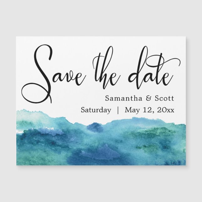 Aquarelle bleu et aqua Enregistrer la date Carte m (Devant)