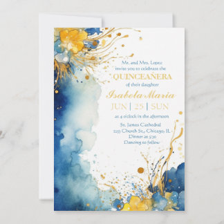 Aquarelle bleu et jaune Quinceanera Invitation