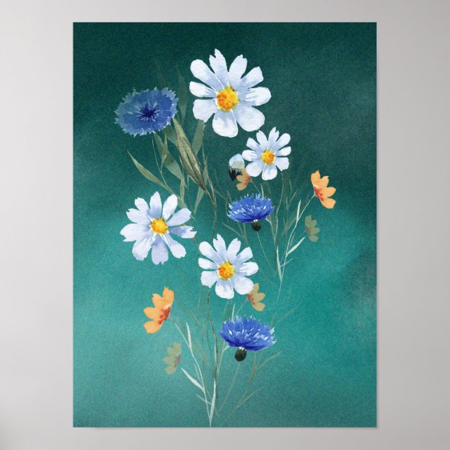 Aquarelle bleu fleur sauvage mur d'art poster (Devant)