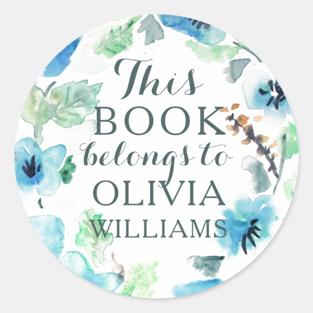 Aquarelle Bleu Fleurs Ce Livre Appartient Stickers (Devant)