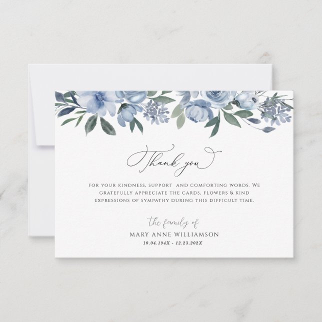 aquarelle bleu fleurs funérailles merci cartes (Devant)