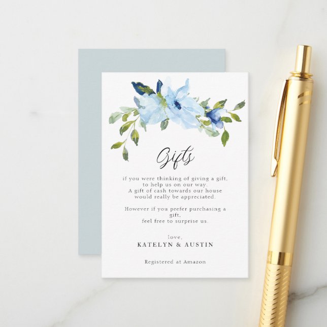 aquarelle bleu fleurs mariage carte cadeaux (Devant/Arrière en situation)