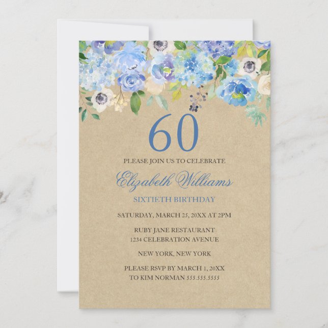 Aquarelle bleu Floral 60e anniversaire Invitation (Devant)