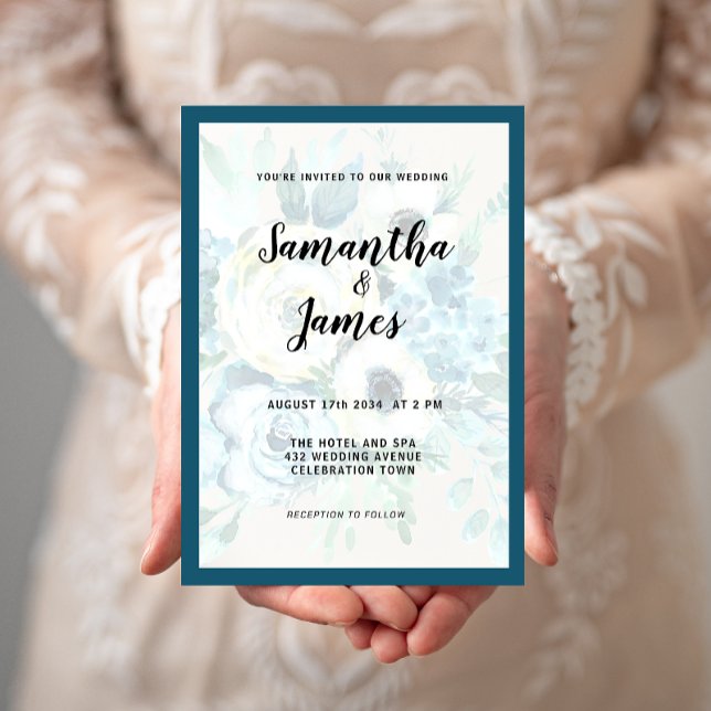 Aquarelle Bleu Floral Élégant Mariage Invitation (Créateur téléchargé)