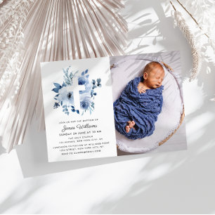 aquarelle bleu floraux Baptême photo invitation