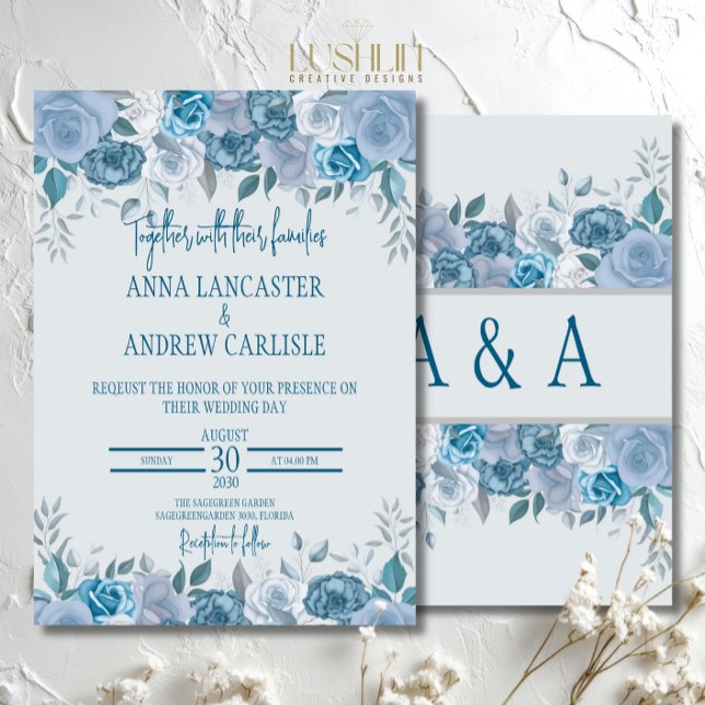 Aquarelle bleu foncé Faire-part de mariage florale (Créateur téléchargé)