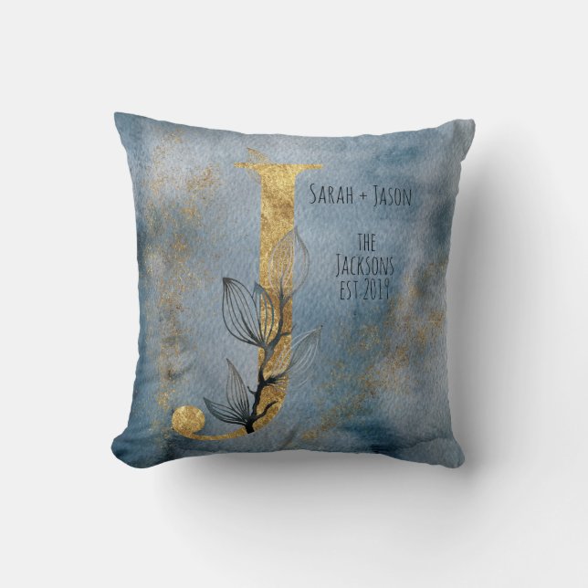 Aquarelle Bleu Gris Or J Monogramme Oreiller (Recto)