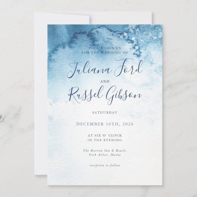 Aquarelle Bleu Hiver Mariage Invitation (Devant)