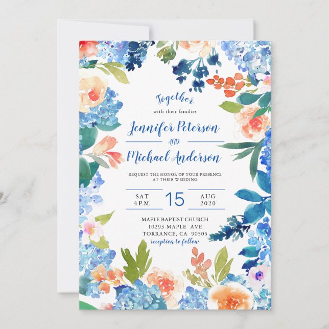 Aquarelle bleu Hydrangea Faire-part de mariage (Devant)