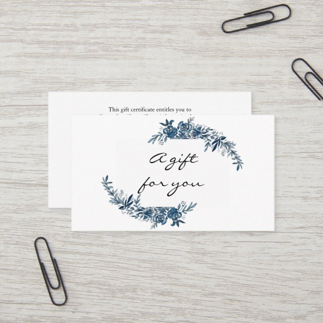 Aquarelle bleu indigo fleurs certificat cadeau (Devant/Arrière en situation)