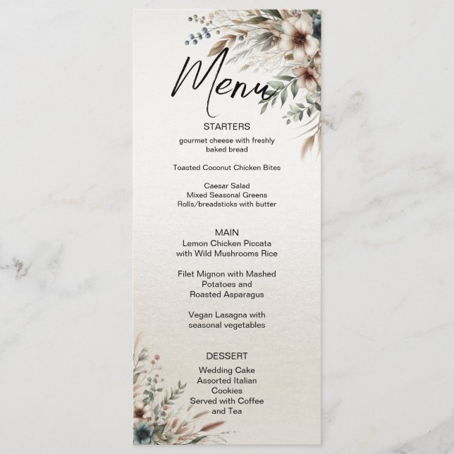 Aquarelle bleu ivoire Fleurs Mariage Menu (Devant)