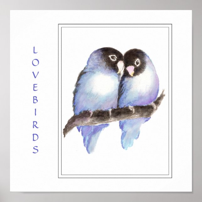 Aquarelle Bleu Lovebirds - Impression d'oiseaux (Devant)
