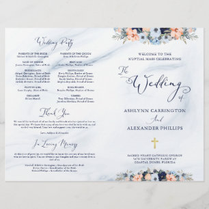 Aquarelle Bleu Marbre Floral Mariage Programme de
