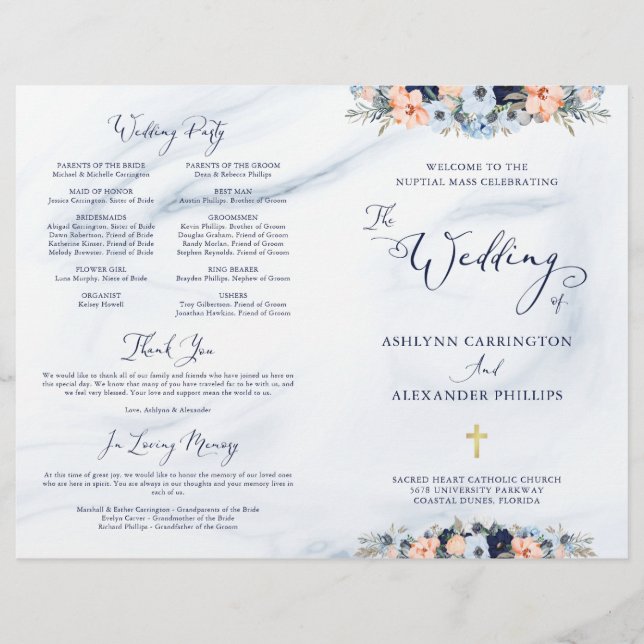 Aquarelle Bleu Marbre Floral Mariage Programme de  (Devant)