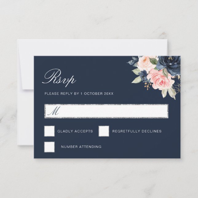 aquarelle bleu marine floral argent RSVP carte (Devant)