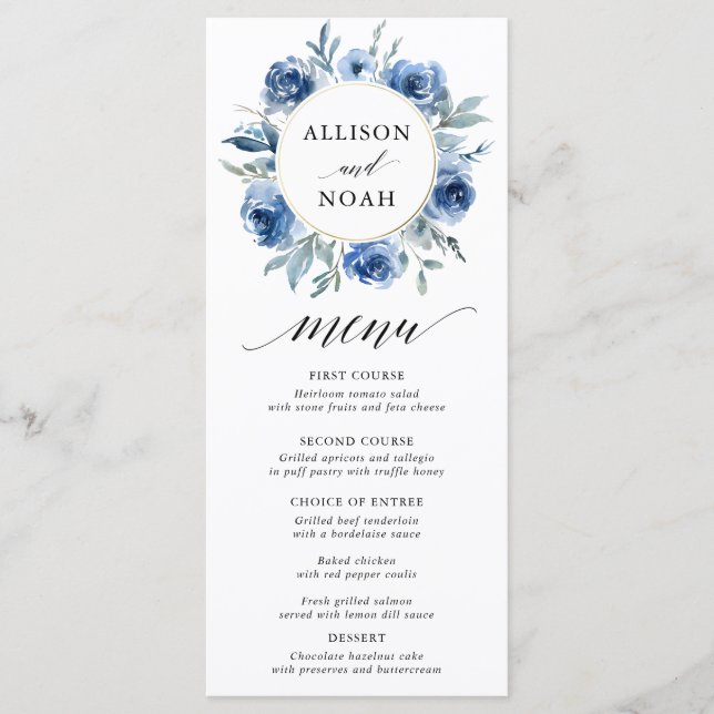 Aquarelle bleu marine floral blanc menu mariage (Devant)