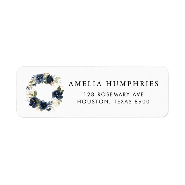 Aquarelle bleu marine Floral Wreath Gold Adresse (Devant)