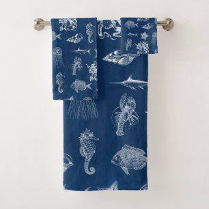 Aquarelle bleu marine Océan Animaux marins