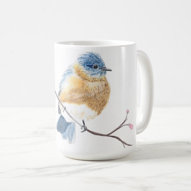 Aquarelle bleu merisier fleur tasse de café (Devant droit)