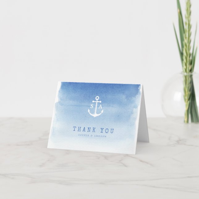 Aquarelle bleu monogramme d'ancrage nautique merci (Devant)