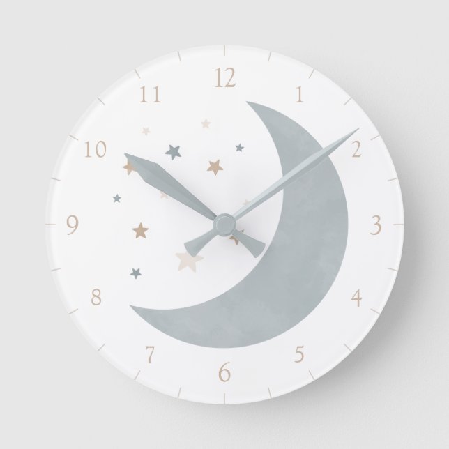 Aquarelle bleu neutre Lune et étoiles Horloge rond (Recto)