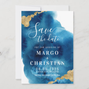 Aquarelle Bleu & Or Enregistrer La Date Invitation