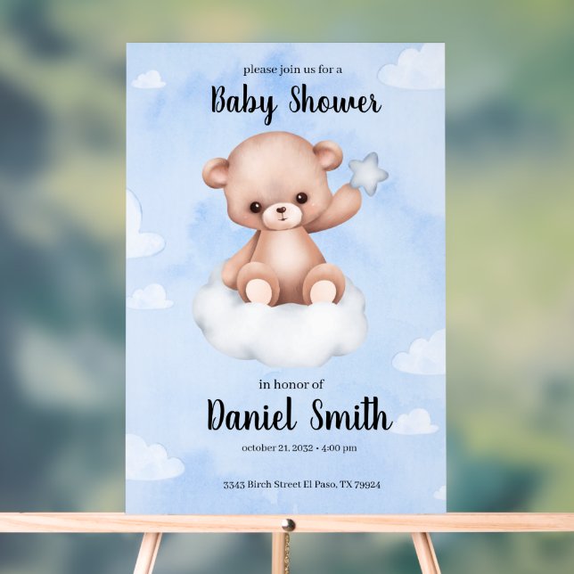 Aquarelle bleu Ours en tourbe pour Baby shower (Neutre)