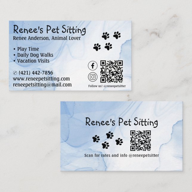Aquarelle Bleu Pet Sitter Code QR Carte de visite (Devant / Derrière)