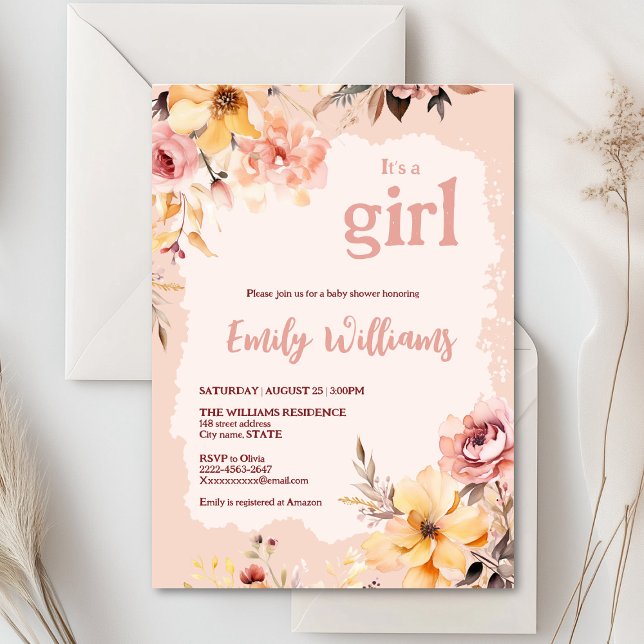 Aquarelle bleu rose fille bébé invitation douche (Blush pink and peach peonies watercolor girl baby shower invitation )