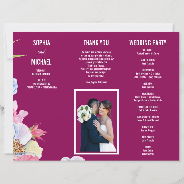 Aquarelle bleu rose Fleurs Programme de mariage Ci (Devant)
