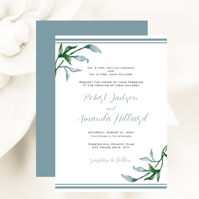 Aquarelle Bleu Vert Feuilles Faire-part de mariage (Watercolor Blue Green Leaves Wedding Invitation)
