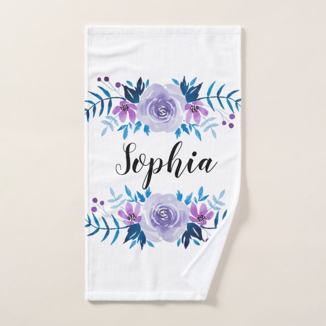 Aquarelle bleu violet couronne florale Texte perso (Serviette à main)