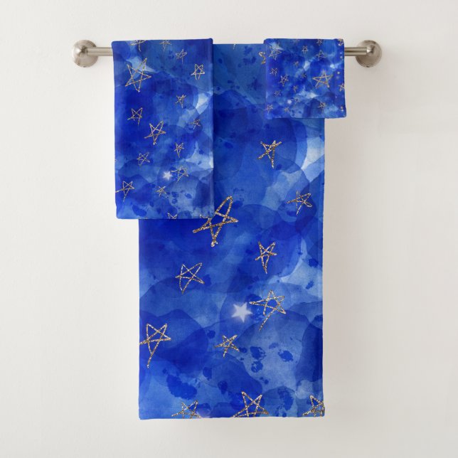 Aquarelle Bleu Whimsical Or Bronze Lune Étoiles (En situation)