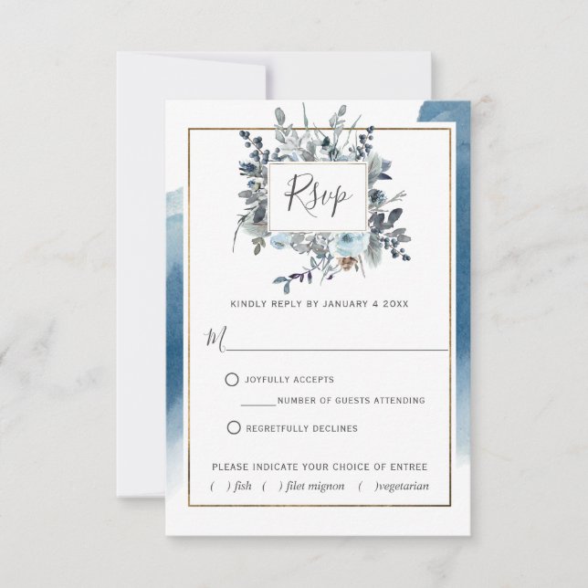 Aquarelle bleue avec/hors repas choix carte RSVP (Devant)