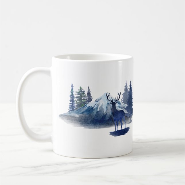Aquarelle bleue Cerf scène de Noël Café Mug (Gauche)