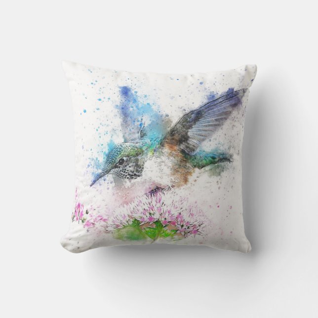 Aquarelle bleue Coussin colibri (Recto)