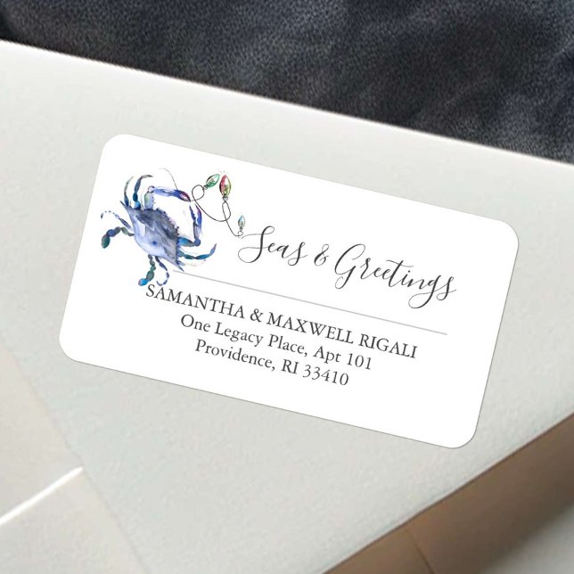 Aquarelle bleue Crabe de Noël Étiquettes de adress (Beach Christmas large return address labels watercolor blue crab Victoria Grigaliunas DoTellABelle)