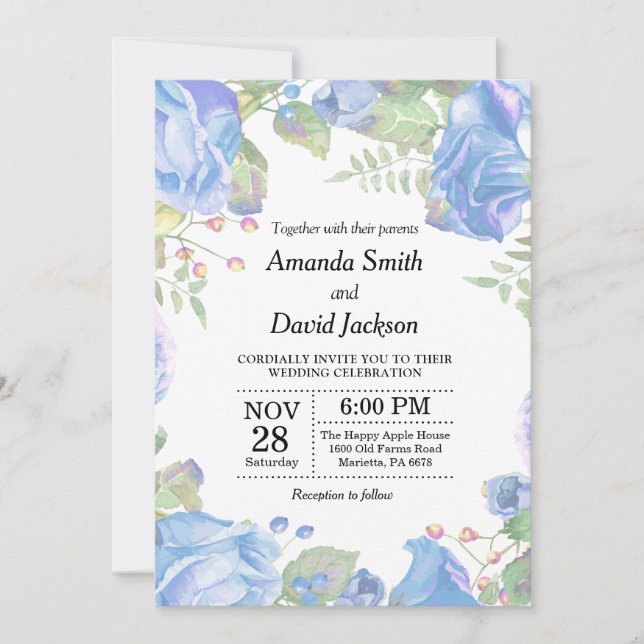 Aquarelle bleue de faire-part de mariage floral (Devant)