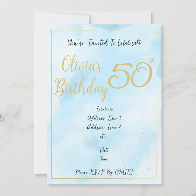 Aquarelle bleue et frontière or Invitation d'anniv (Devant)