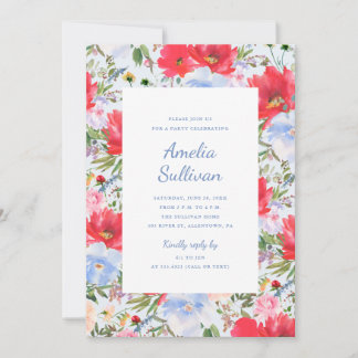 Aquarelle bleue et rouge Floral Party Invitation