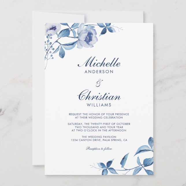Aquarelle bleue Faire-part de mariage florale (Devant)