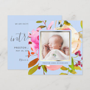 Aquarelle bleue Faire-part de naissance photo flor