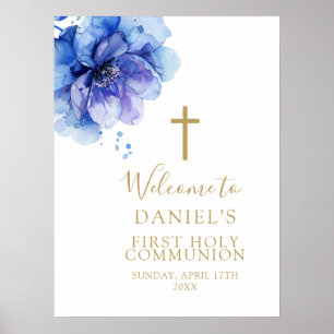 Aquarelle bleue Floral Sainte Communion Affiche de