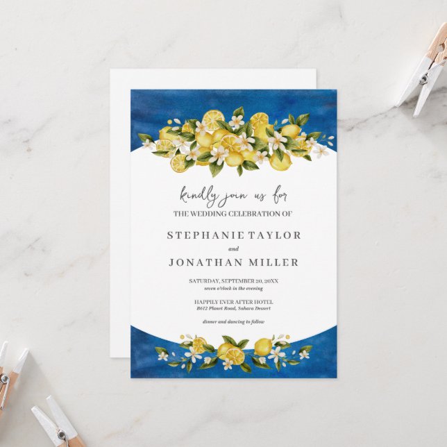 Aquarelle bleue Italia Faire-part de mariage citro (Devant/Arrière en situation)