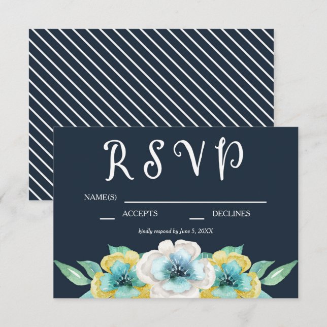 Aquarelle bleue Mariage floral RSVP (Devant / Derrière)